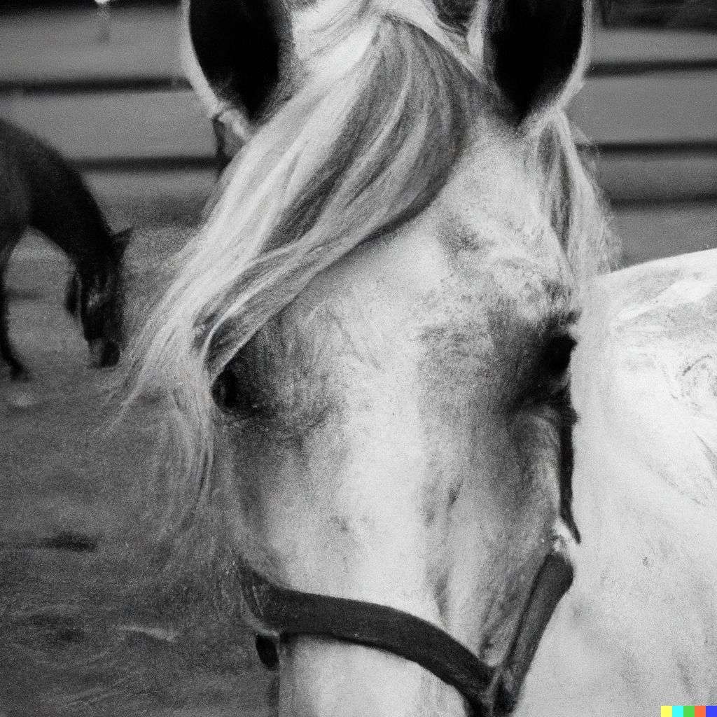 a horse, photograph, black and white